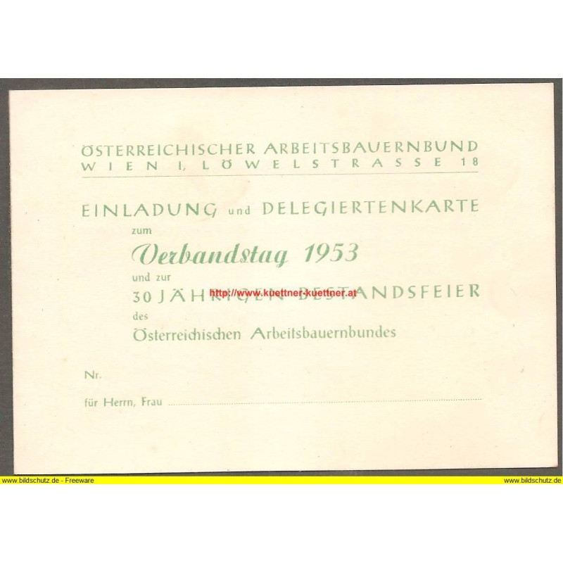 Einladung und Delegiertenkarte zum Verbandstag (1953) 