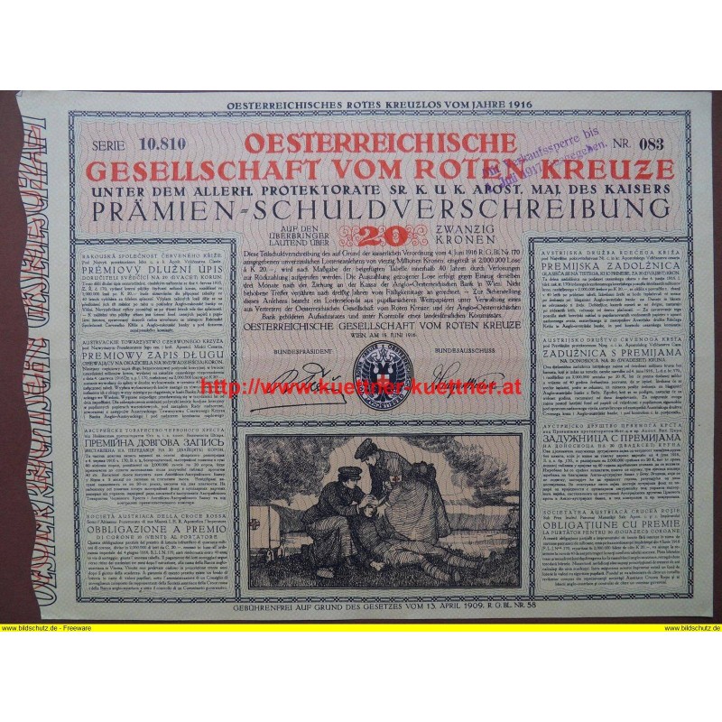 Prämien-Schuldverschreibung - Oesterr. Gesellschaft vom roten Kreuze Nr. 083 / 1916 Prämien-Schuldverschreibung - Oesterr. Gesellschaft vom roten Kreuze Nr. 083 / 1916