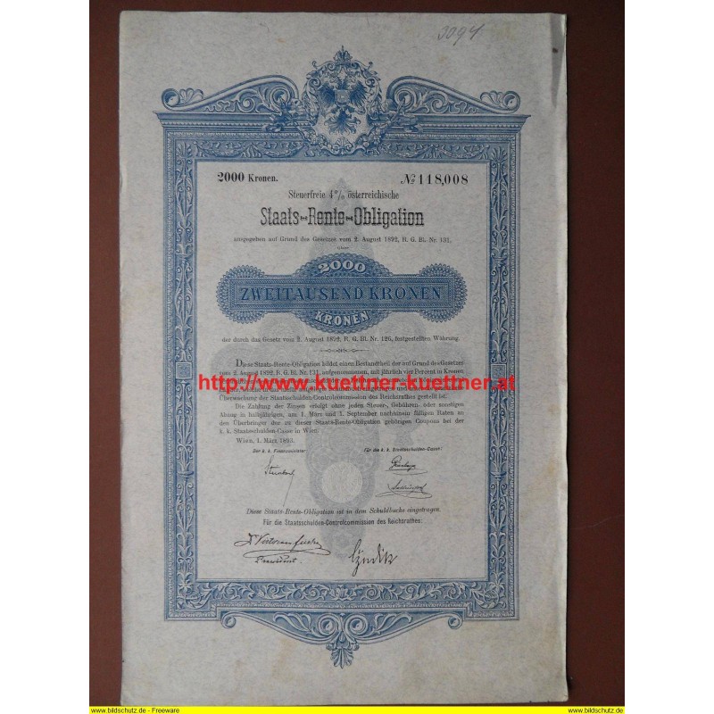 Staats-Rente-Obligation No, 118,008 / 1893