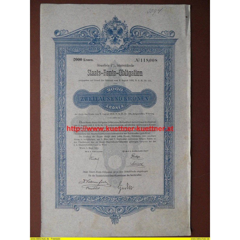 Staats-Rente-Obligation No, 118,008 / 1893 Staats-Rente-Obligation No, 118,008 / 1893
