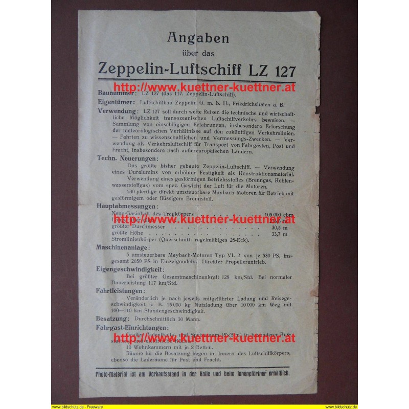 Flugblatt - Angaben über das Zeppelin-Luftschiff LZ 127 Flugblatt - Angaben über das Zeppelin-Luftschiff LZ 127