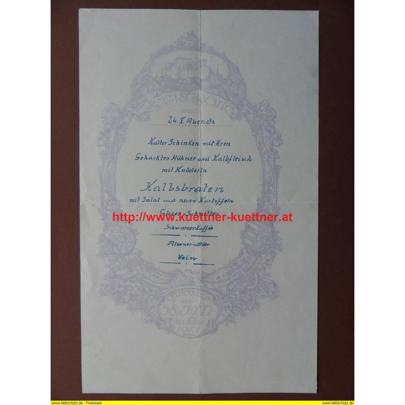 Speisekarte Offiziersmesse der 58 I.T.D im Felde 1915 Speisekarte Offiziersmesse der 58 I.T.D im Felde 1915