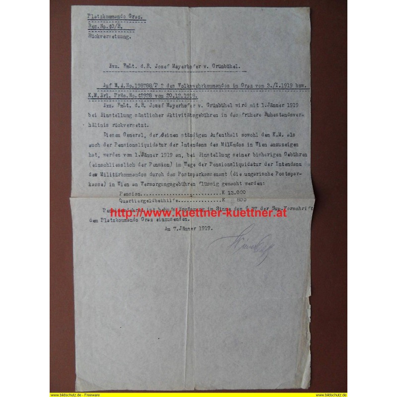 Brief an seine Exz. FmLt. d. R. Josef Mayerhofer v. Grünbühel (1919) Brief an seine Exz. FmLt. d. R. Josef Mayerhofer v. Grünbühel (1919)