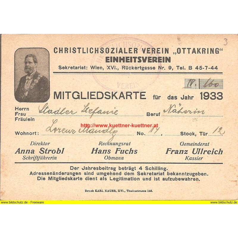 Mitgliedskarte Christlichsozialer Verein "Ottakring" 1933 