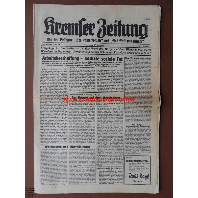 Kremser Zeitung / 85. Jg. Nr. 51 / Donnerstag 17. Dezember 1953 Kremser Zeitung / 85. Jg. Nr. 51 / Donnerstag 17. Dezember 1953