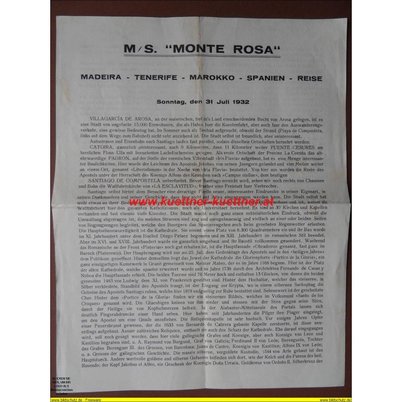 M.S. MONTE ROSA Reiseplan 31. Juli 1932 M.S. MONTE ROSA Reiseplan 31. Juli 1932
