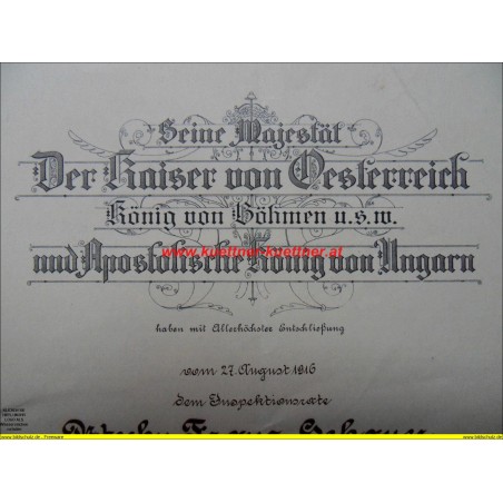 Urkunde Kriegsdekoration zum Ritterkreuz (1916)