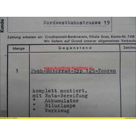 Rechnung Steyr-Daimler Puch-Motorrad-Typ 125-Touren Motor Nr. 233.179 (1948)