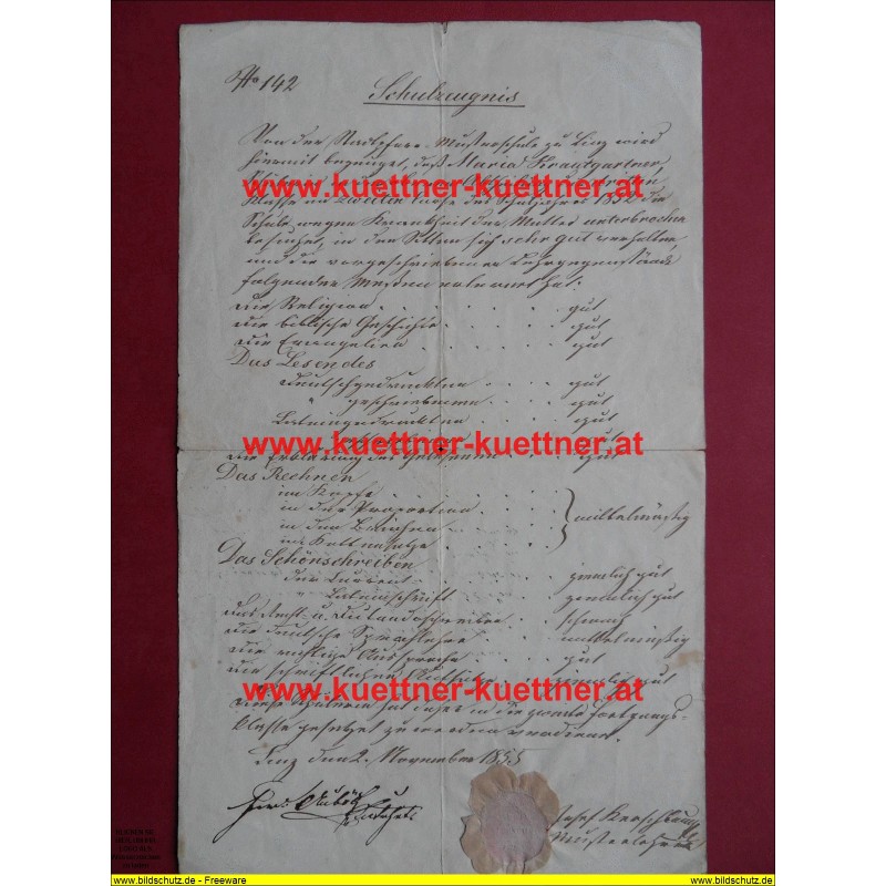 Schulzeugnis der Mädchen-Musterschule Linz (1855) Schulzeugnis der Mädchen-Musterschule Linz (1855)