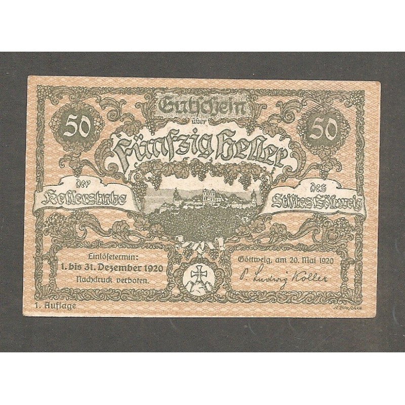 Notgeld Kellerstube des Stiftes Gottweig - 50 Heller - 1. Auflage Notgeld Kellerstube des Stiftes Gottweig - 50 Heller - 1. Auflage