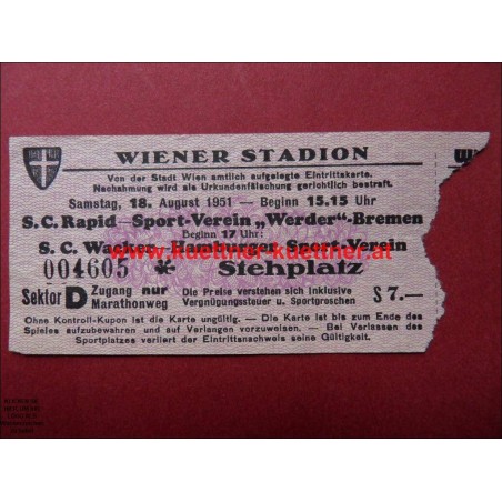 Eintrittskarte S.C. Rapid gegen Werder Bremen (1951)