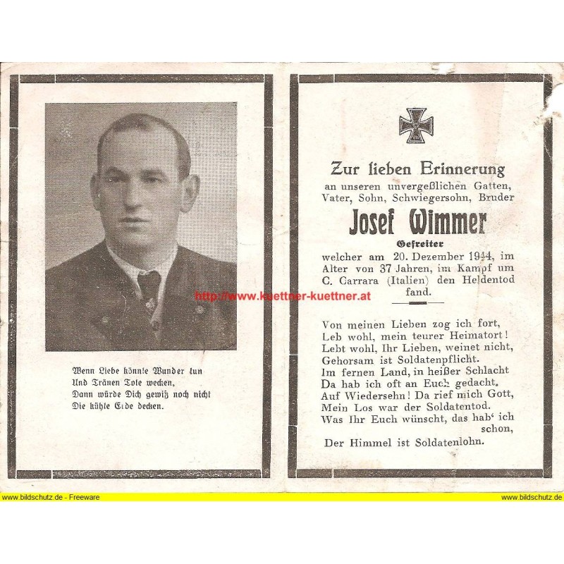 Sterbebildchen / death card WW2 - J. Wimmer - Gefreiter - 1944 (Italien)