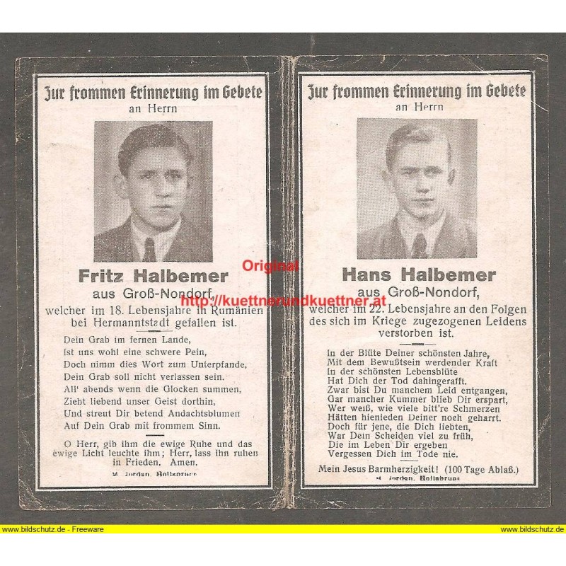 Sterbebildchen / death card WW2 - 2 Brüder Fritz u. Hans Halbemer