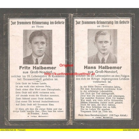 Sterbebildchen / death card WW2 - 2 Brüder Fritz u. Hans Halbemer