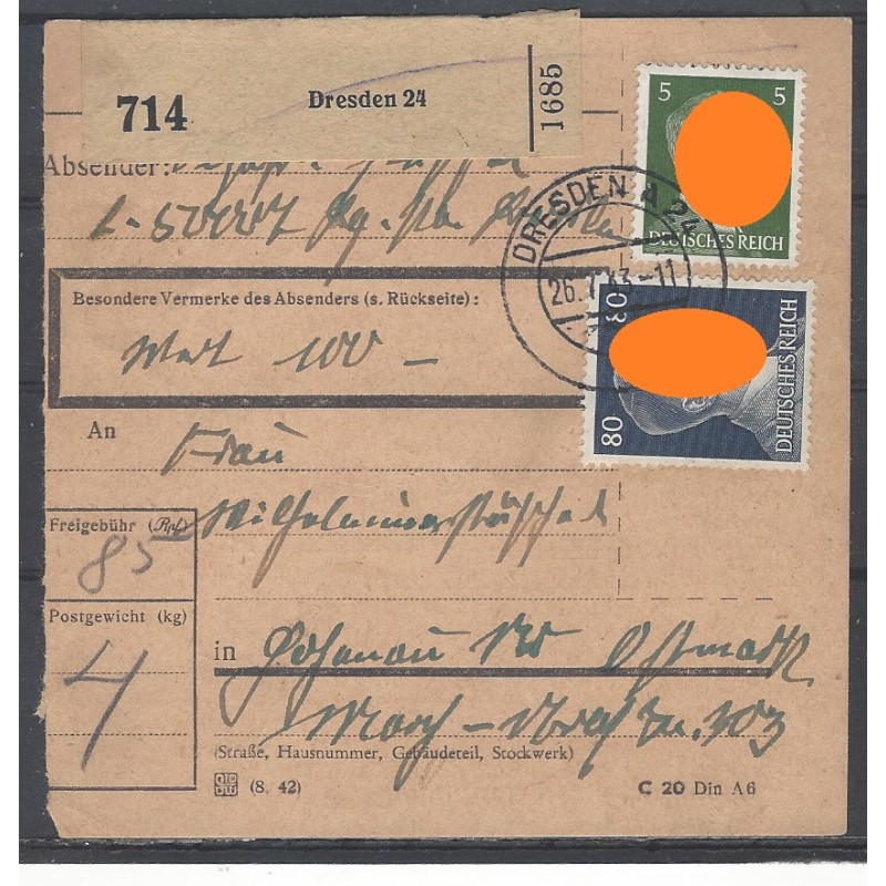 Paketkarte Dresden nach Hohenau a. d. March, ND