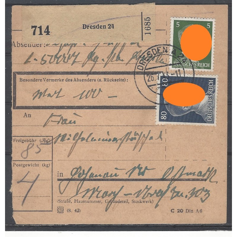 Paketkarte Dresden nach Hohenau a. d. March, ND Paketkarte Dresden nach Hohenau a. d. March, ND