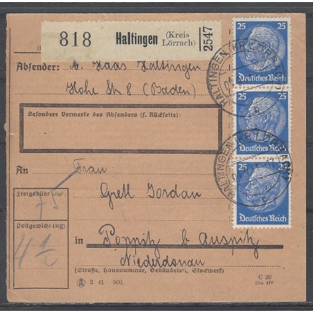 Paketkarte Haltingen (Kr. Lörrach) nach Poppitz b. Auspitz