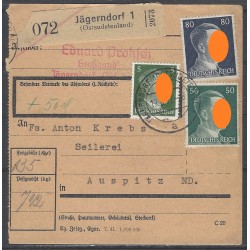 Paketkarte Jägerndorf 1 (Ostsudetenland) nach Auspitz ND