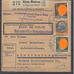 Paketkarte Klein Mohrau (b. Hannsdorf) nach Lundenburg, ND