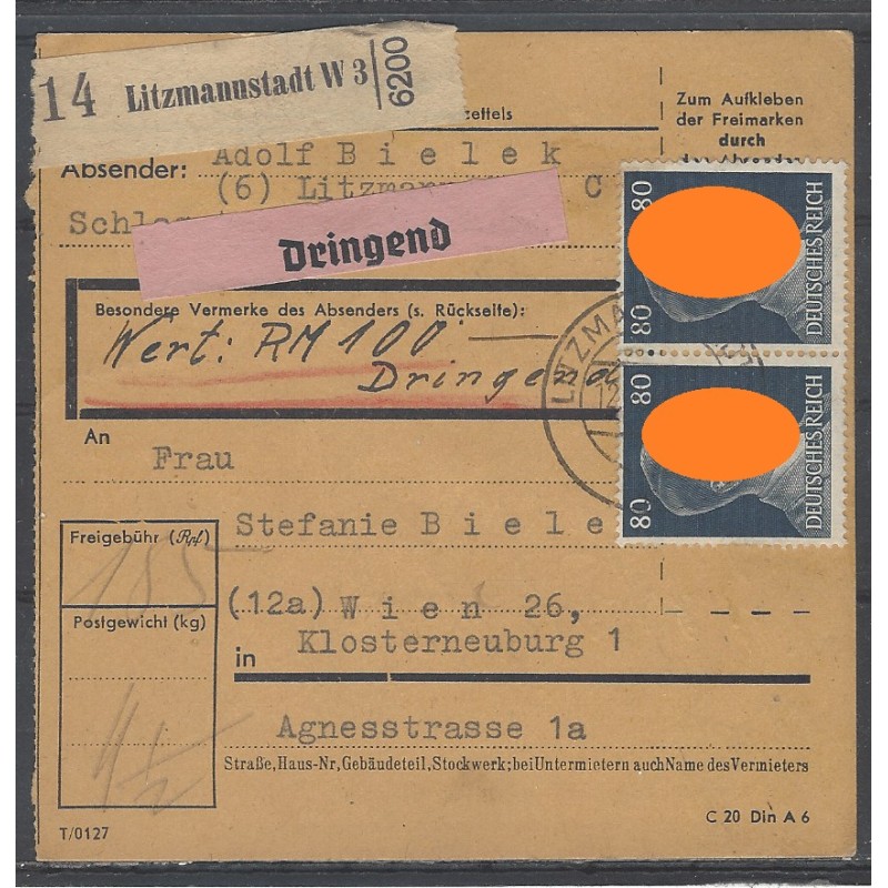 Paketkarte Litzmannstadt nach Wien, Klosterneuburg Paketkarte Litzmannstadt nach Wien, Klosterneuburg
