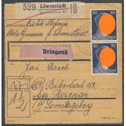 Paketkarte Löwenstadt ü. Litzmannstadt nach Biberbach, Post Rosenau