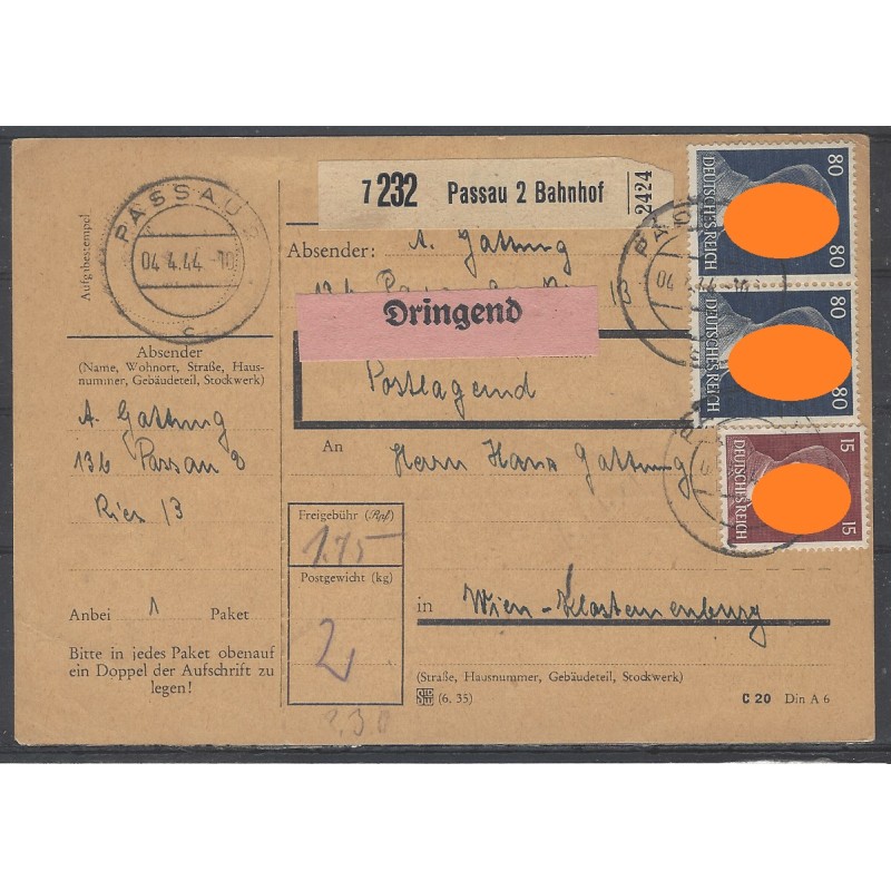 Paketkarte Passau 2 Bahnhof nach Wien, Klosterneuburg Paketkarte Passau 2 Bahnhof nach Wien, Klosterneuburg