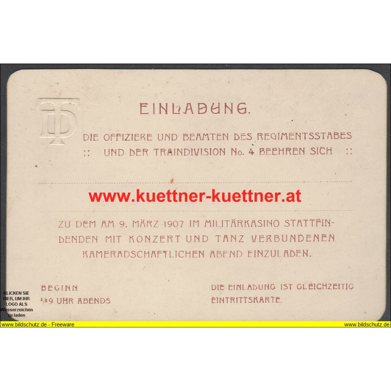 Einladungskarte für Regimentsstab u. Traindiv. No.4 (1907)