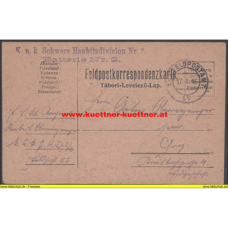 Feldpost 57 K.u.k. Schwere Haubitzdivision Nr.2 Batterie Nr.2