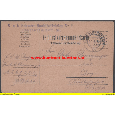 Feldpost 57 K.u.k. Schwere Haubitzdivision Nr.2 Batterie Nr.2
