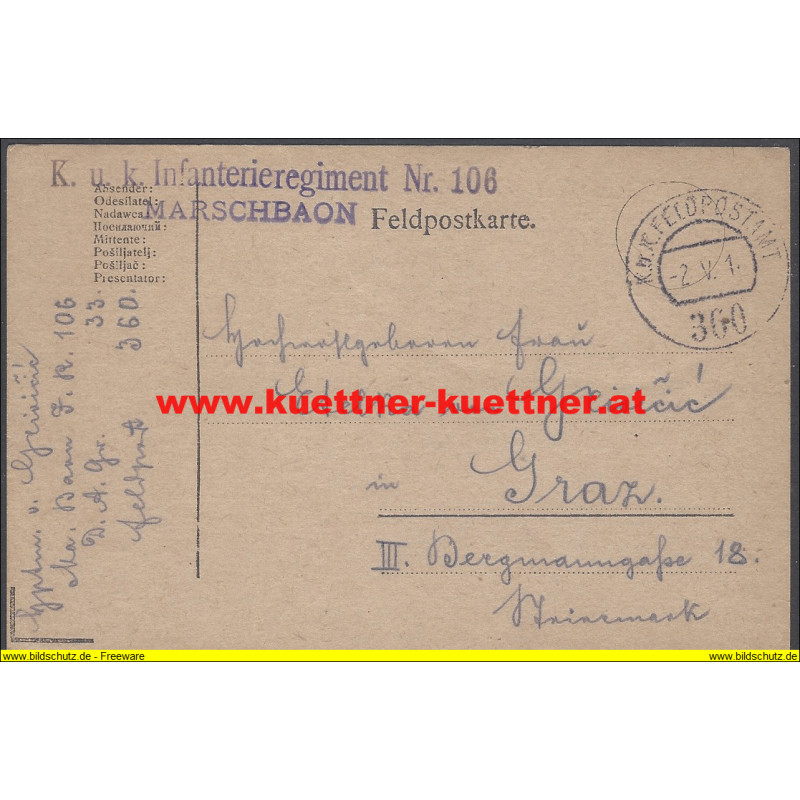 Feldpost 360 K.u.k. Infanterieregiment Nr.106 Marschbaon