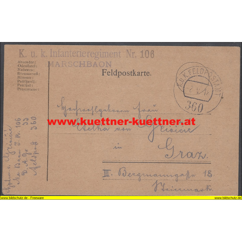 Feldpost 360 K.u.k. Infanterieregiment Nr.106 Marschbaon