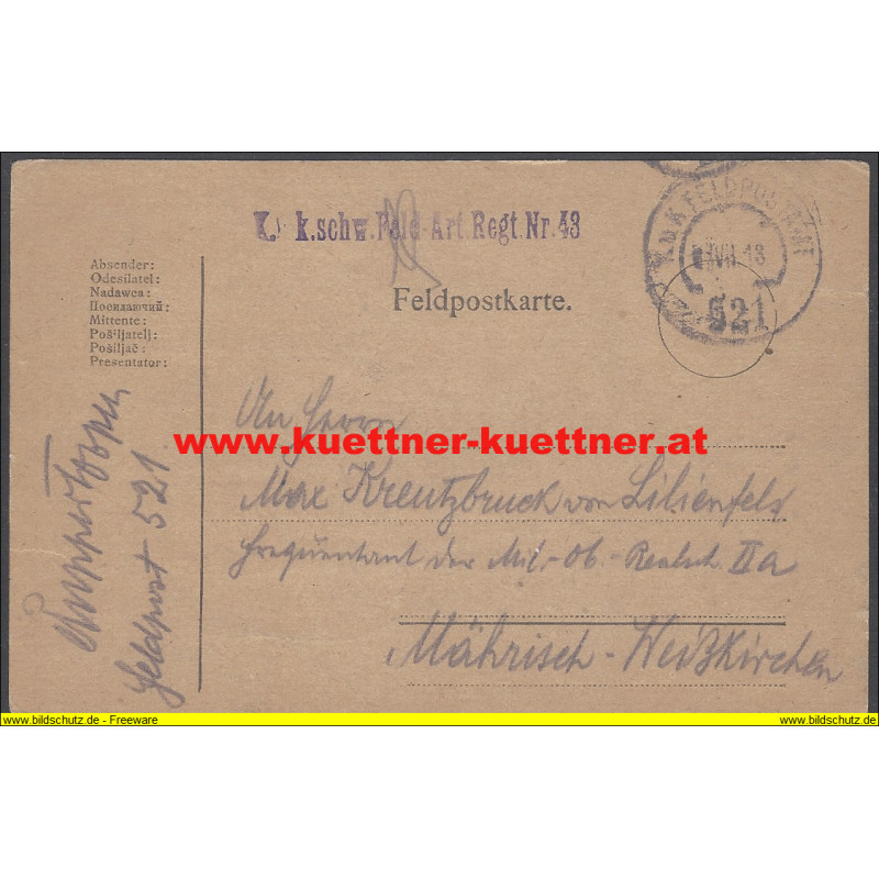 Feldpost 521 k.k. schw. Feldart. Rgt. Nr.43