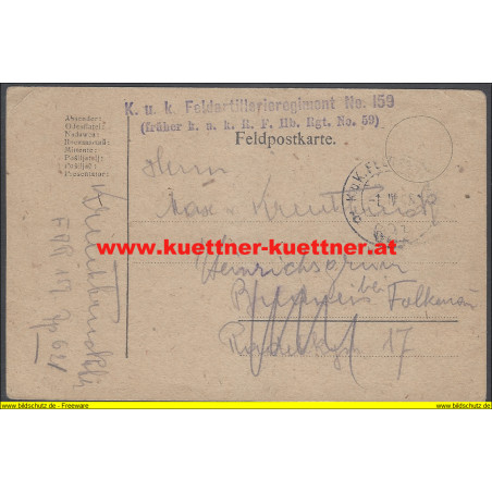 Feldpost 621 K.u.k. FAR. No.159 früher k.u.k. R. F. Hb. Rgt. No.59