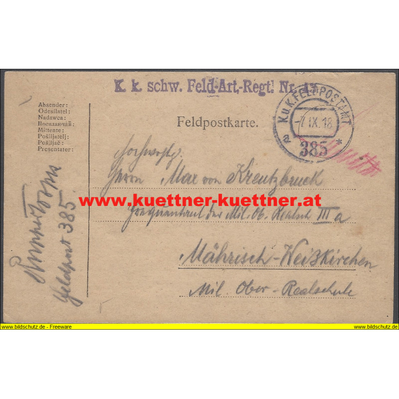 Feldpost 385 K.k. schw. Feld-Art.-Rgt. Nr.43