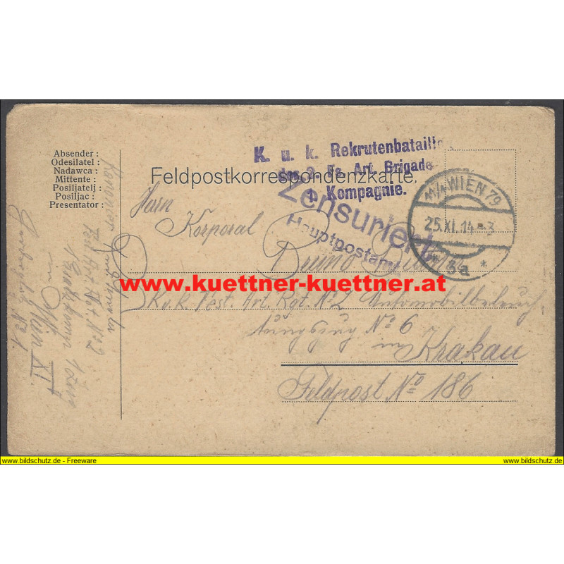 Feldpost K.u.k Rekrutenbataillon der 2. Fs. Art. Brigade 1. Kompagnie